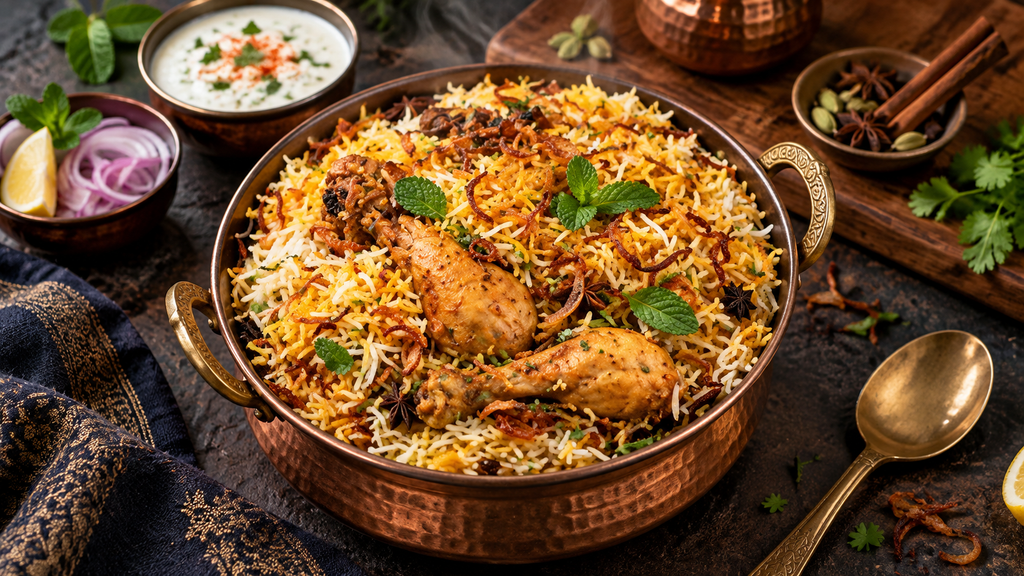 Biryani with aromatic basmati rice, spiced chicken, fried onions, mint and traditional Indian spices