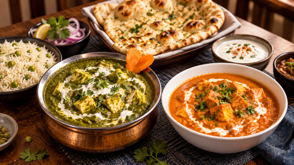 Paneer dishes with creamy Indian curry, spinach curry, naan and basmati rice