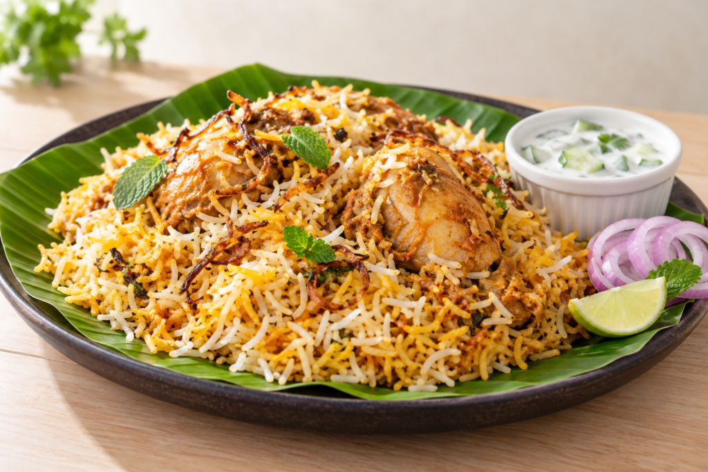 Chicken biryani in a copper serving pot with basmati rice, fried onions, and mint, accompanied by cucumber raita.