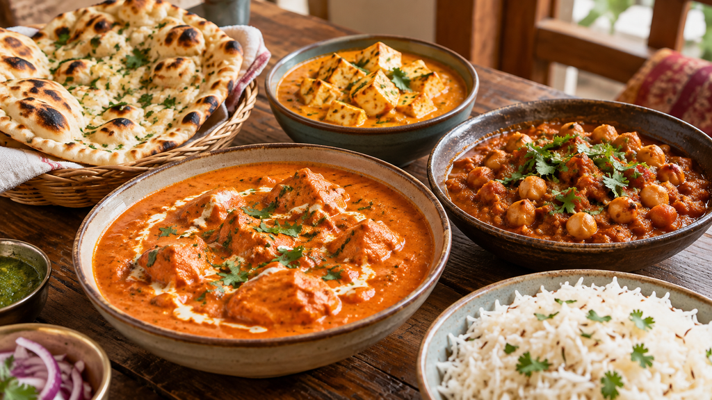 Indian chicken, chickpea, and paneer curries served with naan and rice, showing the variety of curry dishes.