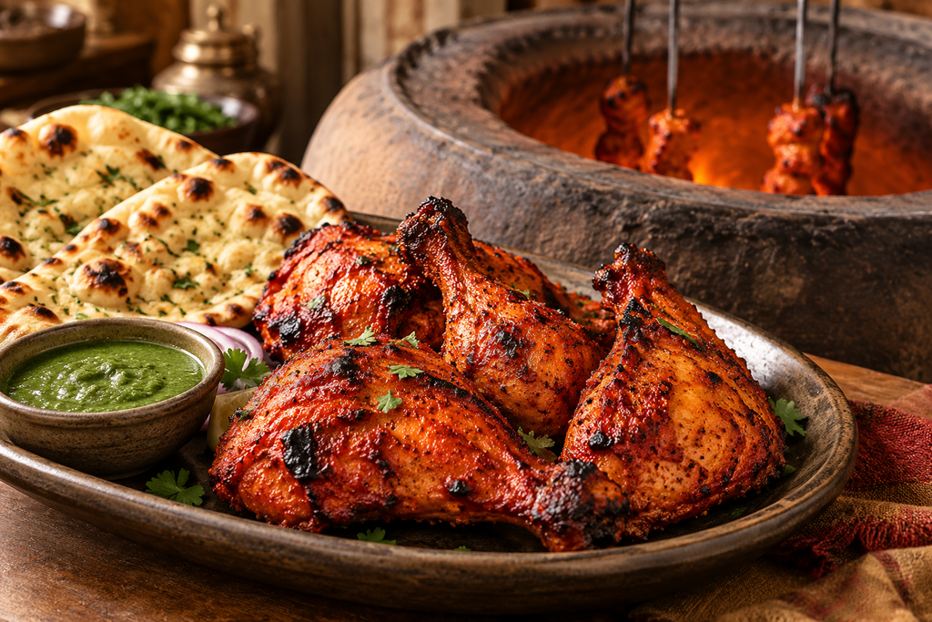 Tandoori chicken with browned edges served with naan and chutney at Flames Indian Aroma in East Harlem.