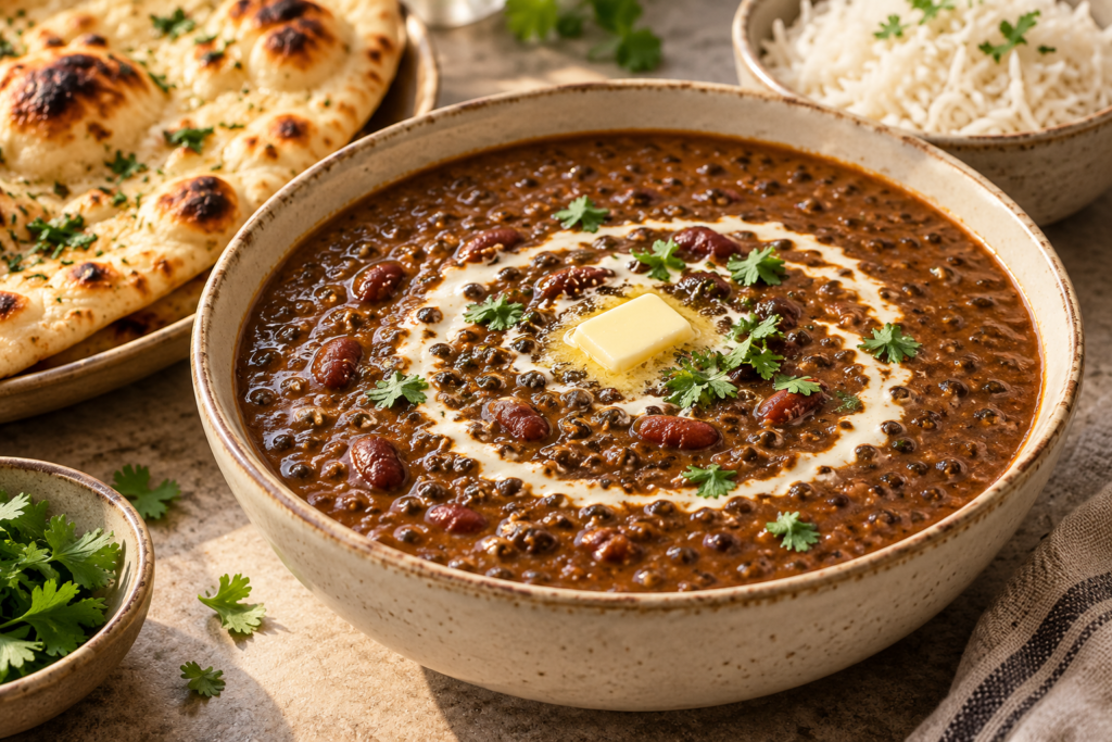 Dal makhani with black gram and kidney beans, topped with cream and butter, served beside naan and rice.